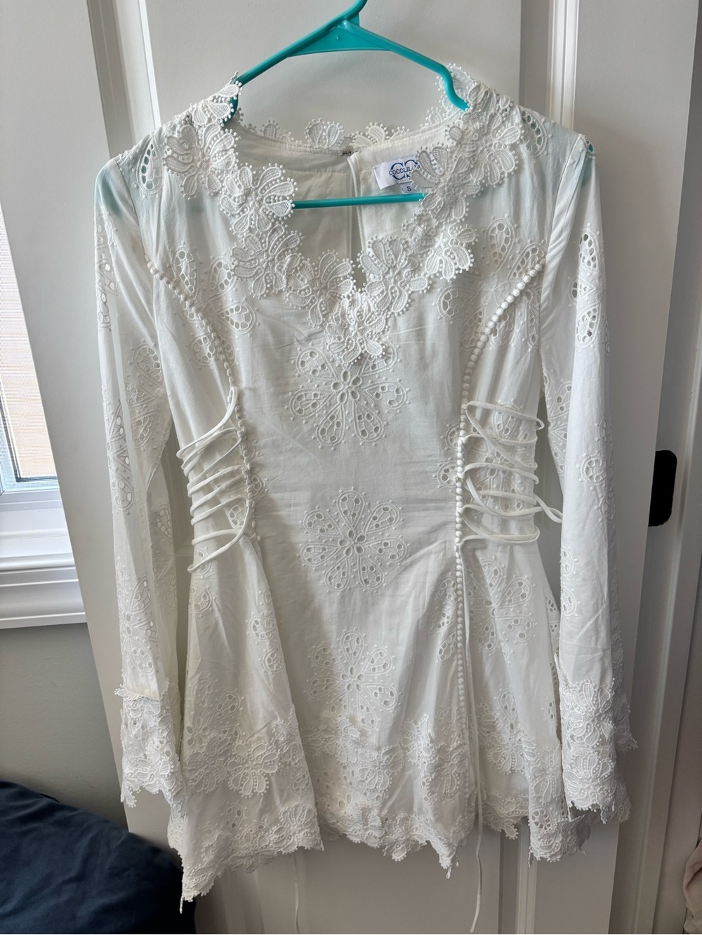 Corseted Lace-Detail Long Sleeve Dress - White